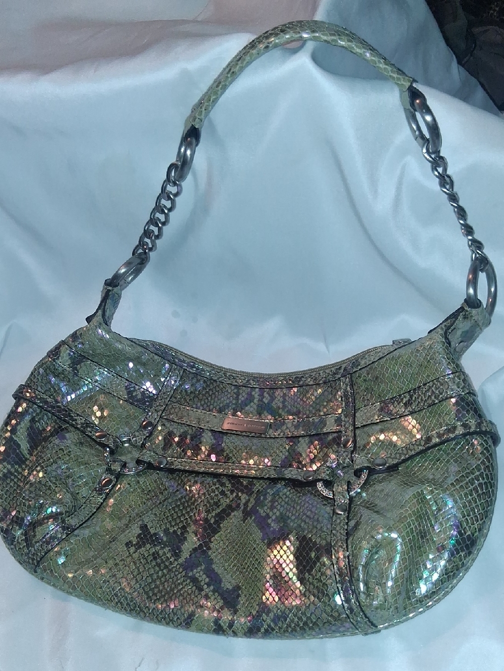 Adrienne Vittadini Iridescent Green Snake-Print Shoulder Bag